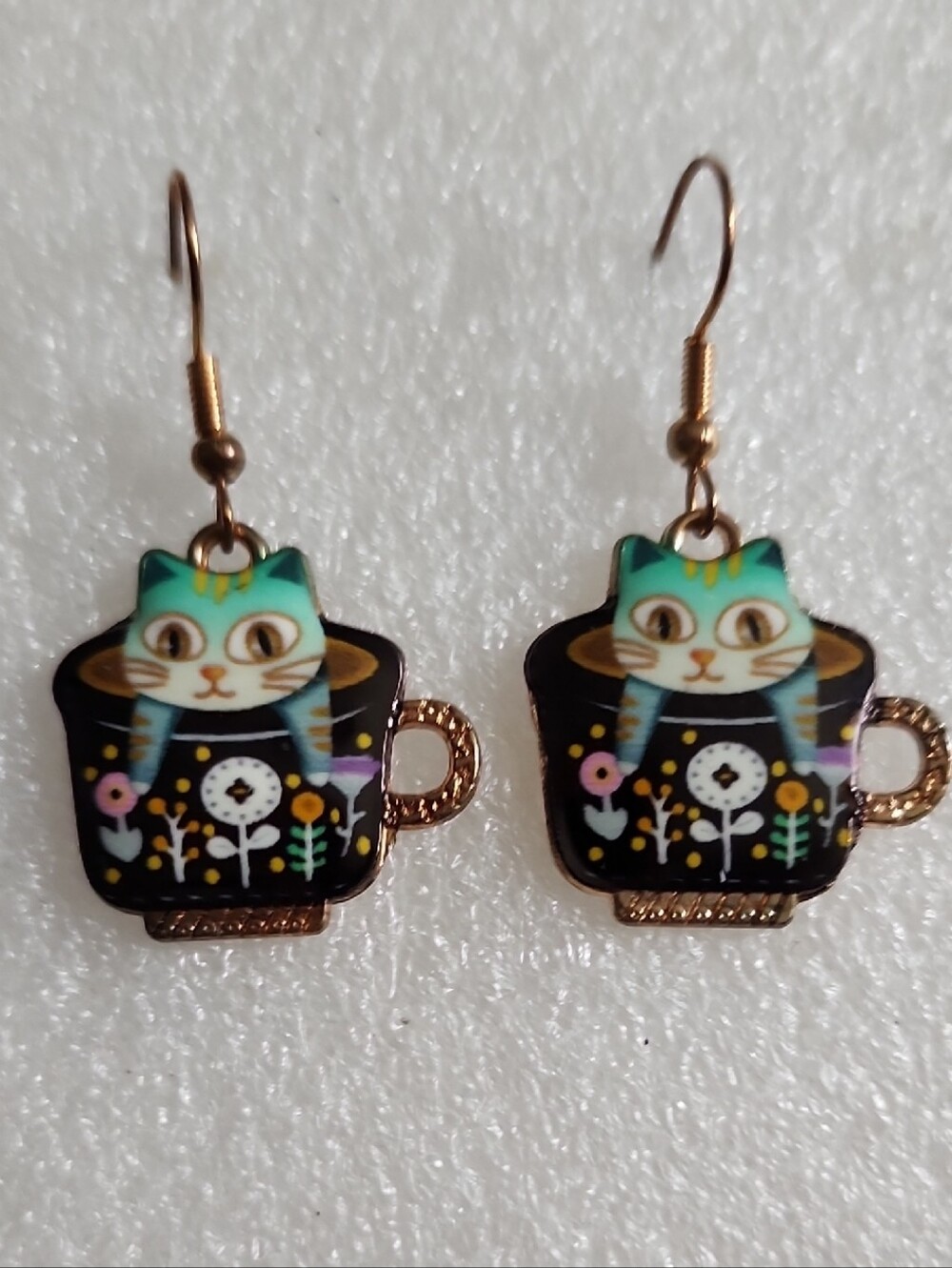 Hand Crafted Black Cat-in-Teacup Floral Earrings